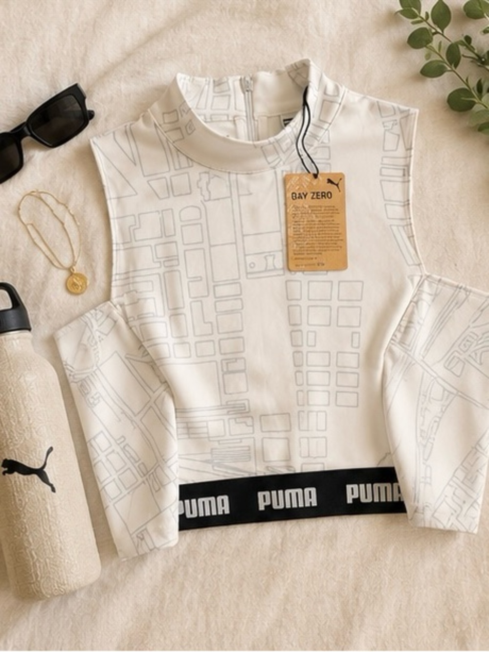 NWT Puma x Central Saint Martins Day Zero Crop Top Map Print Cold Shoulder White